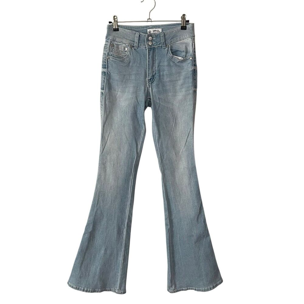 NWT PTCL Womens 26 Flare Leg Jeans Bling Rhinestones Blue Denim Flap Pockets